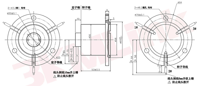 3路工業(yè)自動(dòng)化設(shè)備高轉(zhuǎn)速空心軸導(dǎo)電滑環(huán)尺寸示意圖